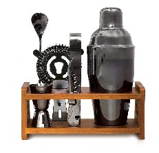 Gun Metal Black Cocktail Shaker Bartender Kit with Stylish Mahogany Stand