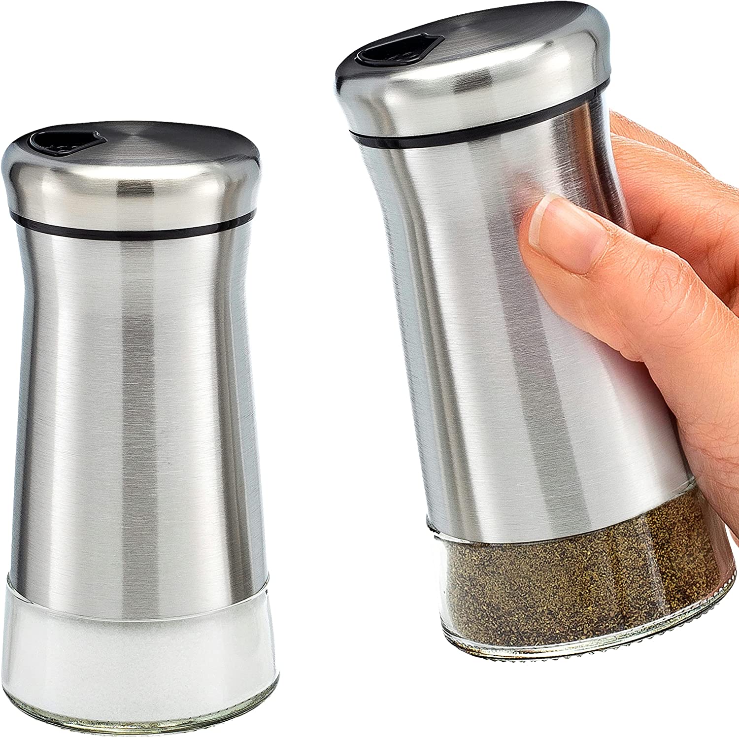 Juvale Stainless Steel Salt and Pepper Shakers Set with Holder, Refillable,  Clear Glass Bottoms, Screw-Off Perforated S and P Caps for Kitchen Table  Decor (4oz) 