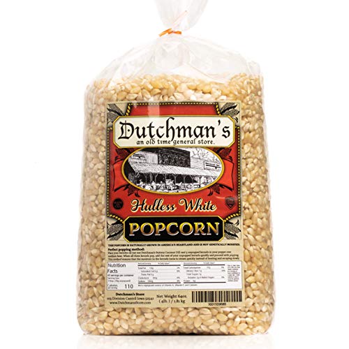 Photograph of Dutchman's White Popcorn Kernels packaging, showcasing a bag of premium kernels against a simple background.