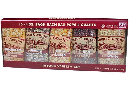 Amish Country Popcorn packaging featuring an assortment of colorful popcorn kernels against a simple backdrop.