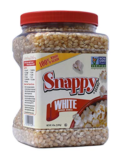 Image of Snappy White Popcorn 4-Pound packaging featuring a container of white popcorn kernels against a white backdrop.